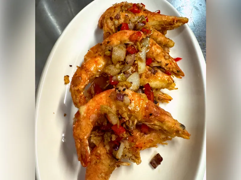 Crispy prawns tossed in salt and pepper seasoning at Chef Zhang Cuisine & Bar, a Chinese Restaurant in Cambridge